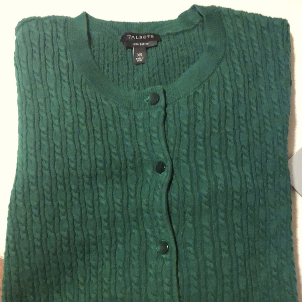 Talbots Pima cotton mini-cable knit cardigan, pine green color. Like new!!